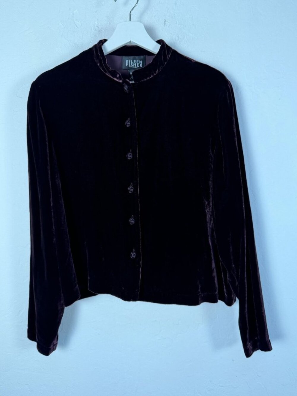 Eileen Fisher Womens Velvet Button-Up Jacket Dark Plum Silk Blend Long Sleeve